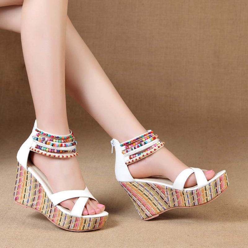 getmorebeauty Women's Wedge Sandals Pearls Across The Top Platform High Heels (7.5 US, White Belt) - Image 4